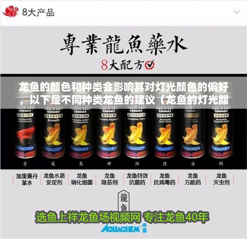 龍魚的顏色和種類會影響其對燈光顏色的偏好，以下是不同種類龍魚的建議（龍魚的燈光顏色和種類會影響其對燈光顏色的偏好）