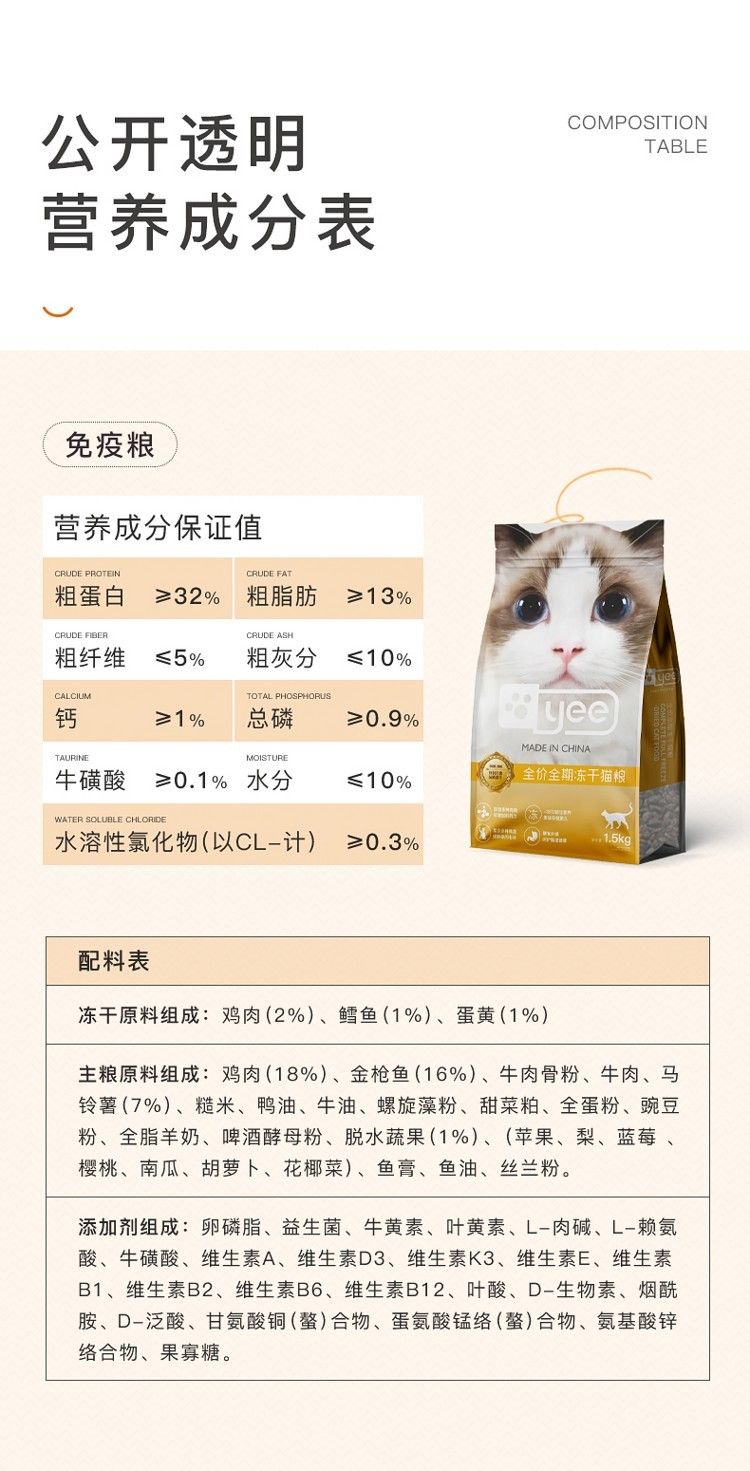 yee貓糧成貓幼貓通用全期主糧營養(yǎng)增肥發(fā)腮全價(jià)凍干肉松雙拼15kg