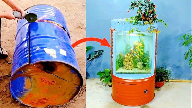 大油桶制作魚缸：大油桶可以經過改造制作成魚缸，這是一種廢物利用的方式