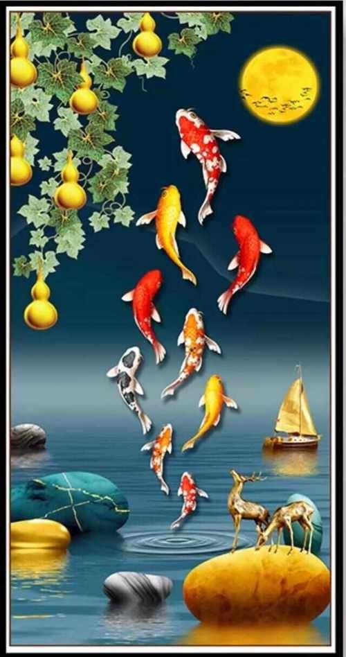九魚聚財(cái)風(fēng)水畫圖片