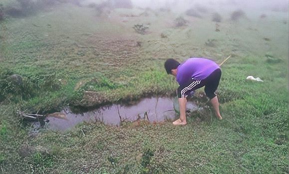 男子在臭水溝抓魚