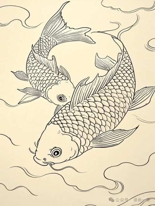推薦一些國潮風格的金龍魚線描圖片