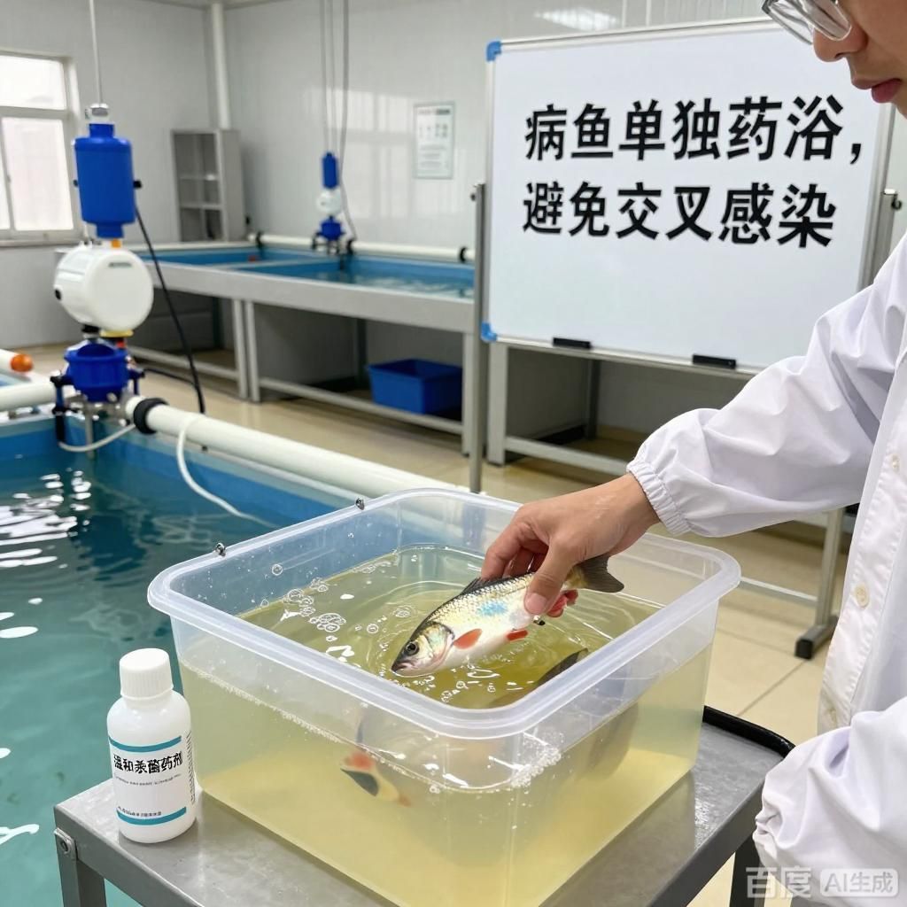 能否提供更多預(yù)防魚(yú)類(lèi)體表潰爛的措施，四張插畫(huà)圍繞魚(yú)類(lèi)體表潰爛預(yù)防展開(kāi)