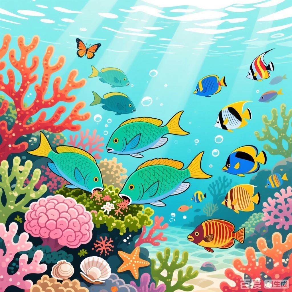 哪些魚種在饑餓時最活躍，四張插畫風格圖，分別呈現不同饑餓活躍魚種的水下場景
