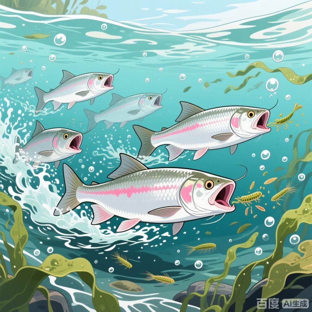 哪些魚種在饑餓時最活躍，四張插畫風格圖，分別呈現不同饑餓活躍魚種的水下場景