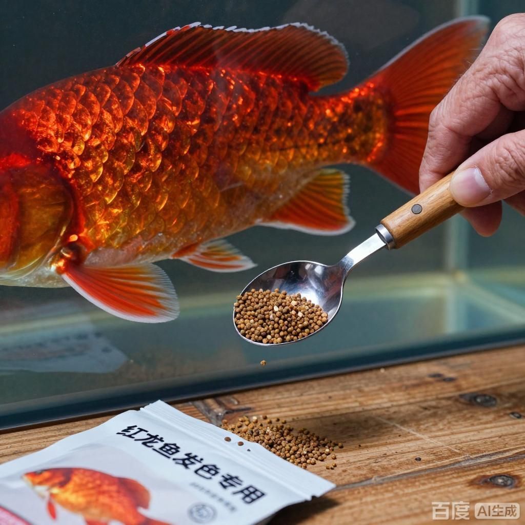 紅龍魚發(fā)色飼料選擇，四張圖圍繞紅龍魚發(fā)色飼料展開呈現(xiàn)不同場景下的紅龍魚與對應(yīng)飼料