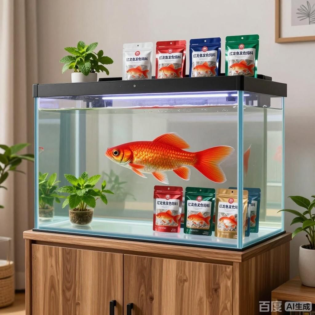 紅龍魚發(fā)色飼料選擇，四張圖圍繞紅龍魚發(fā)色飼料展開呈現(xiàn)不同場景下的紅龍魚與對應(yīng)飼料