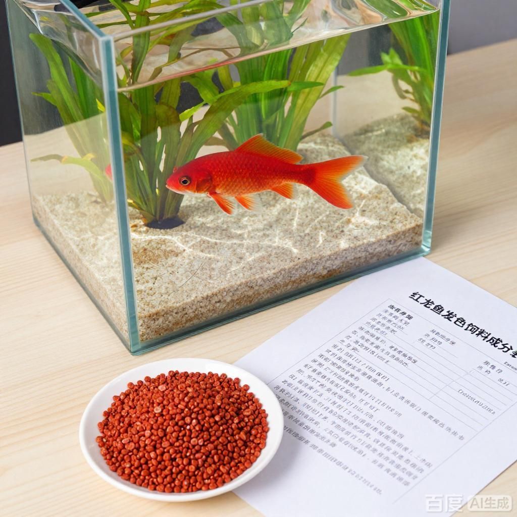 紅龍魚發(fā)色飼料選擇，四張圖圍繞紅龍魚發(fā)色飼料展開呈現(xiàn)不同場景下的紅龍魚與對應(yīng)飼料