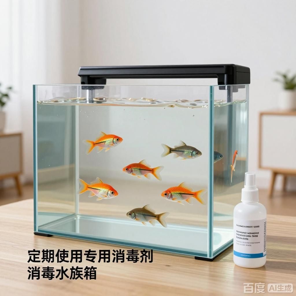 能否提供更多預防魚類細菌感染的方法，4張插畫圍繞魚類細菌感染預防展開