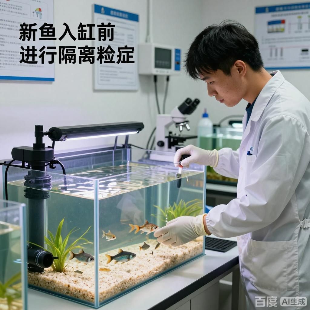 能否提供更多預防魚類細菌感染的方法，4張插畫圍繞魚類細菌感染預防展開