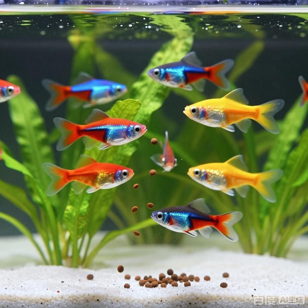 孔雀魚多久喂一次，4張圖圍繞孔雀魚喂食主題展開以寫實水族風格呈現