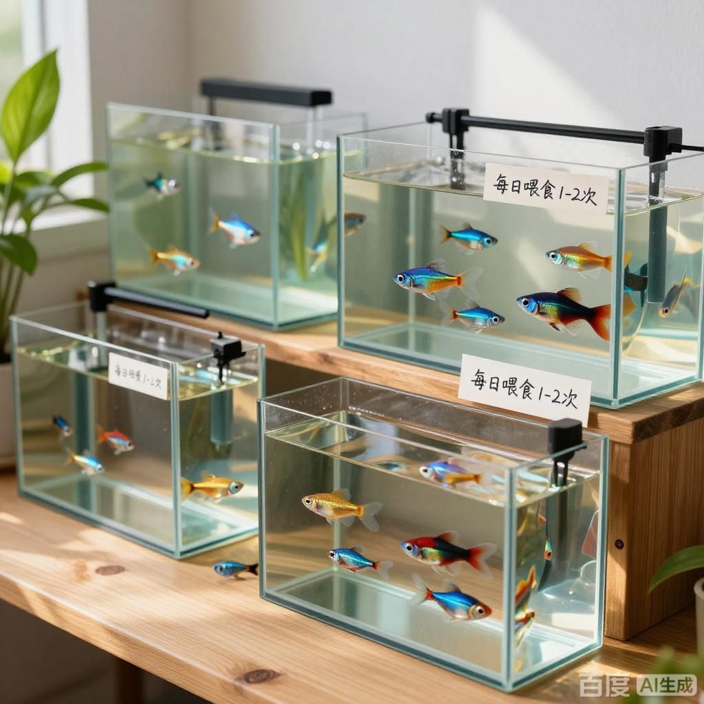 孔雀魚多久喂一次，4張圖圍繞孔雀魚喂食主題展開以寫實水族風格呈現