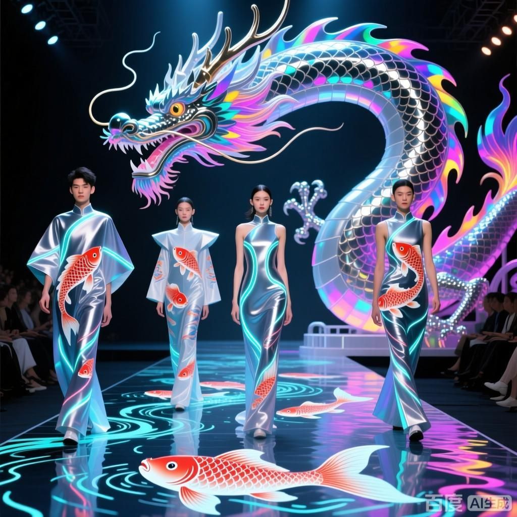 能否提供更多龍魚戲的現(xiàn)代創(chuàng)新例子，四幅插畫圍繞龍魚戲的現(xiàn)代創(chuàng)新展開