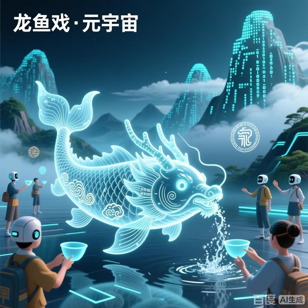 能否提供更多龍魚戲的現(xiàn)代創(chuàng)新例子，四幅插畫圍繞龍魚戲的現(xiàn)代創(chuàng)新展開