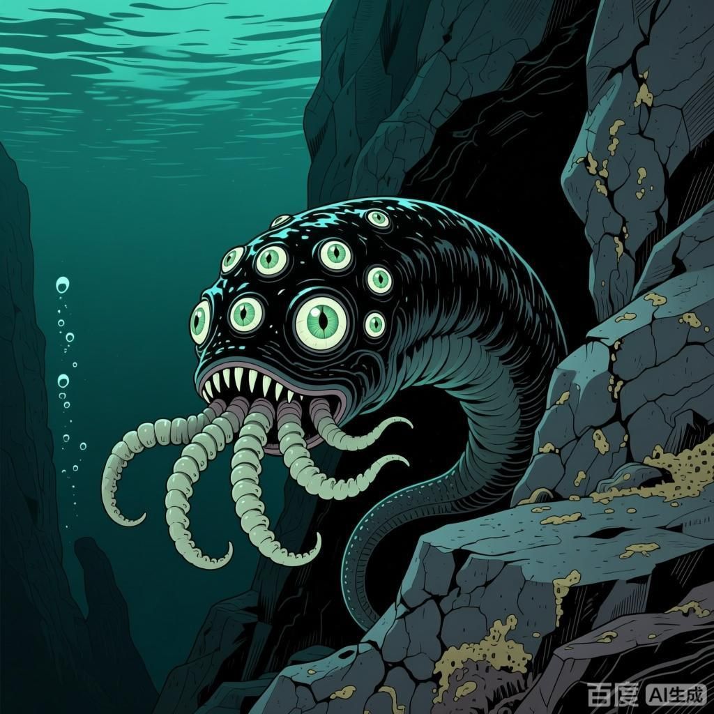 能再詳細介紹幾種海洋不明生物嗎，四張插畫風格的海洋不明生物圖