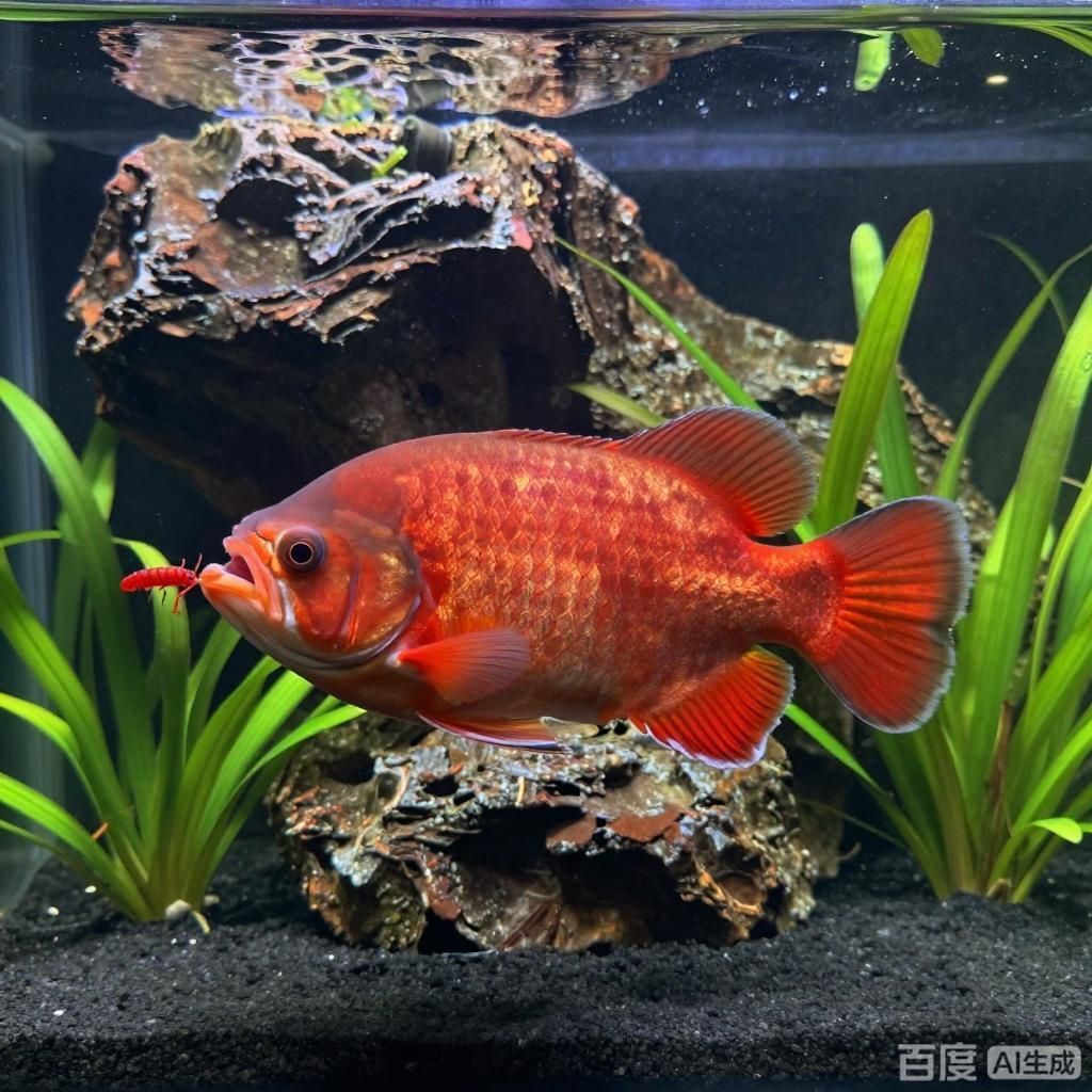 紅龍魚最喜歡吃什么食物，紅龍魚在水族箱中進(jìn)食不同喜愛食物的場(chǎng)景風(fēng)格寫實(shí)