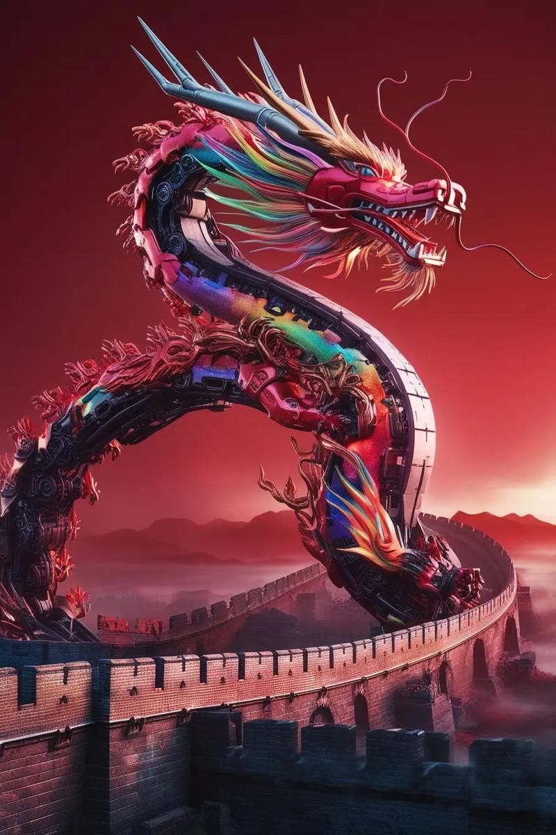 能否提供更多中國紅龍與科技結合的圖片，中國紅龍與ai結合的圖片，能否提供中國紅龍與科技結合的具體案例