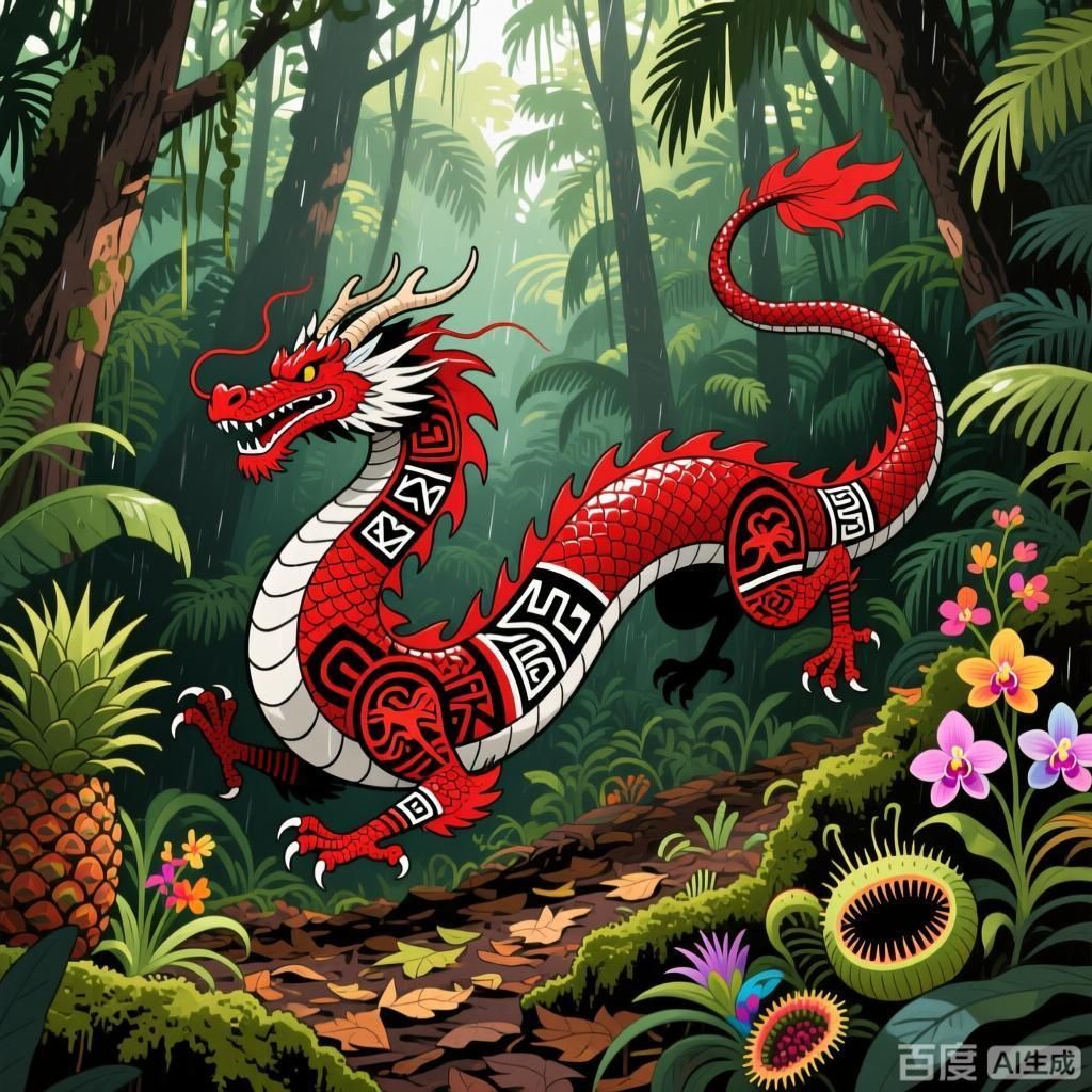 紅龍在不同文化中的形象，四幅插畫分別呈現不同文化里的紅龍形象