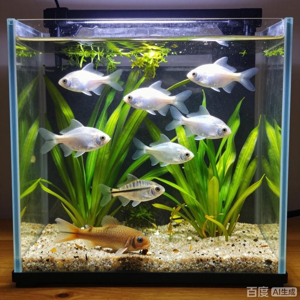 如何搭配魚缸中的魚類，如何搭配魚缸中的魚類，四張插畫圍繞魚缸混養