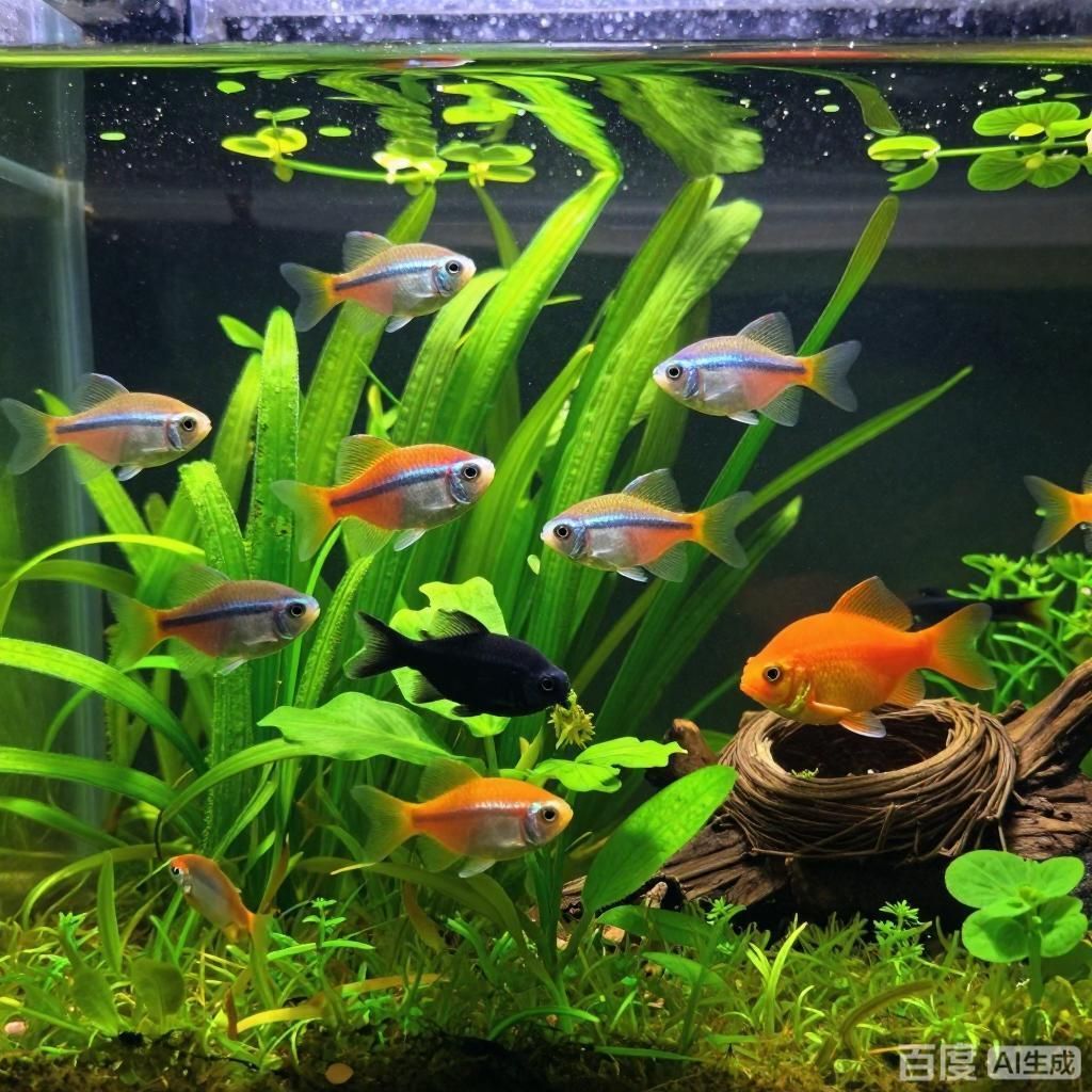 如何搭配魚缸中的魚類，如何搭配魚缸中的魚類，四張插畫圍繞魚缸混養