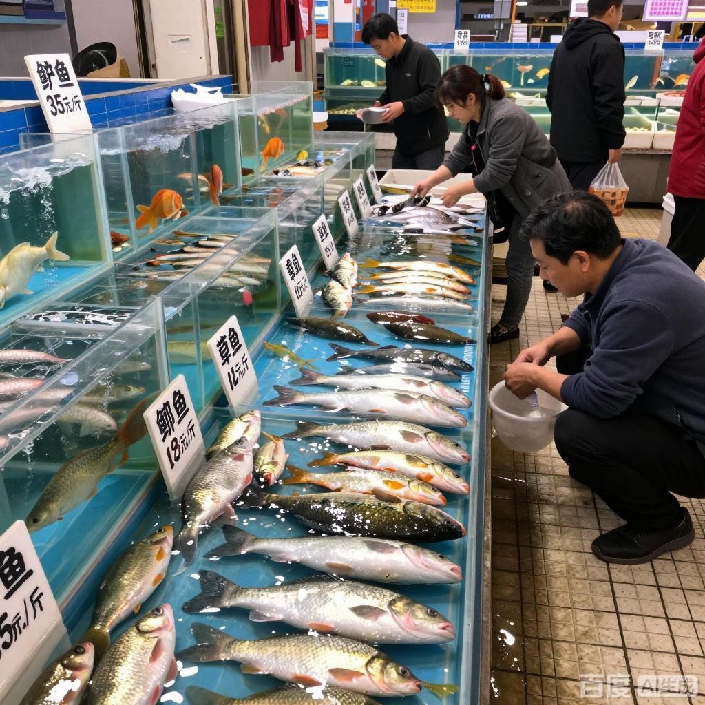 這些魚的市場價(jià)格大概是多少，淡水魚市場價(jià)格大概是多少四張圖均為水產(chǎn)市場場景